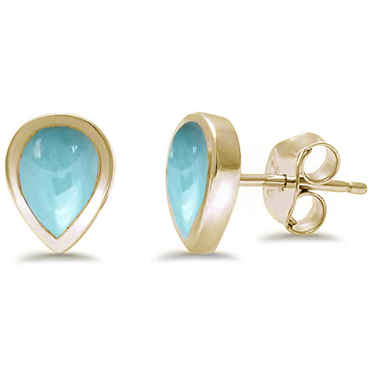 Yellow Gold Plated Pear Shape Natural Larimar .925 Sterling Silver Earrings