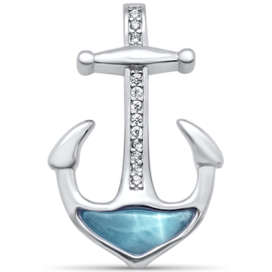 Natural Larimar & CZ Anchor .925 Sterling Silver Pendant