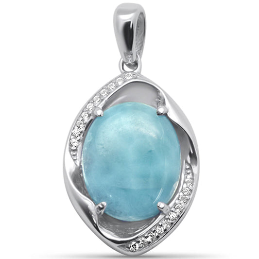 Natural Oval Larimar & CZ .925 Sterling Silver Pendant
