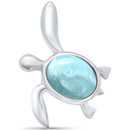 Natural Oval Larimar Turtle .925 Sterling Silver Pendant