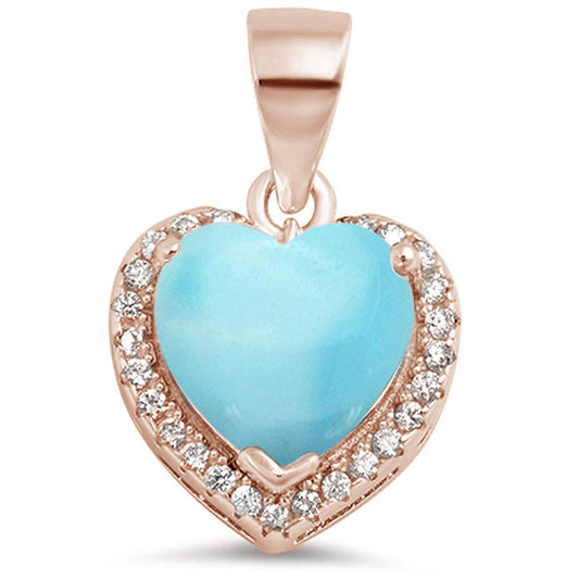 Rose Gold Plated Natural Larimar Heart With CZ .925 Sterling Silver Pendant