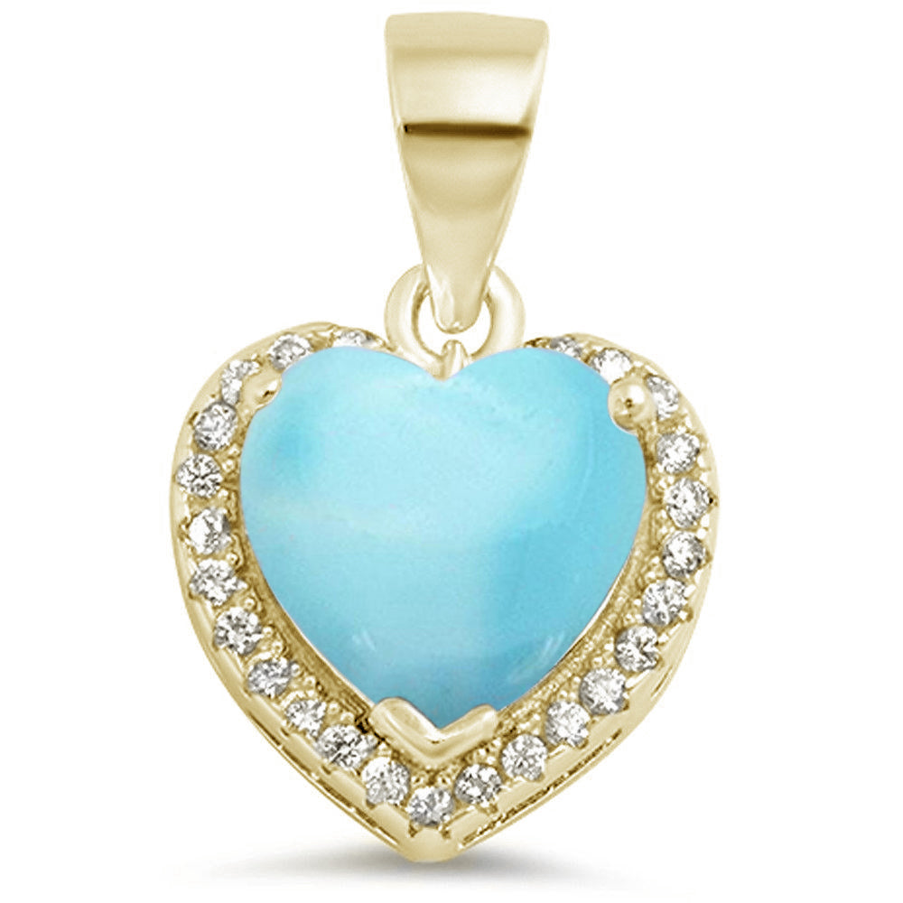 Yellow Gold Plated Natural Larimar Heart With CZ .925 Sterling Silver Pendant