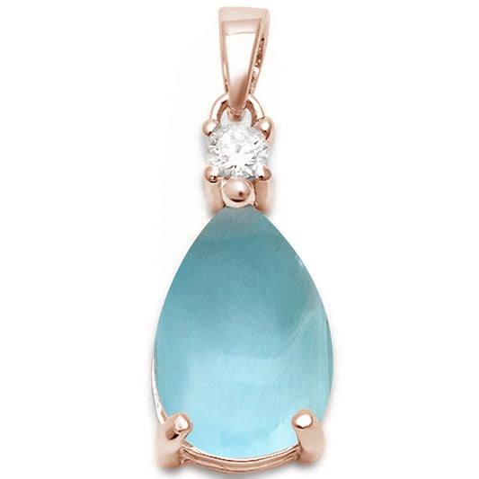 Rose Gold Plated Pear Shape Natural Larimar & Cubic Zirconia .925 Sterling Silver Pendant