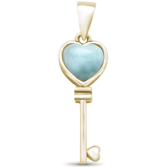 Yellow Gold Plated Natural Larimar Heart Key .925 Sterling Silver Pendant