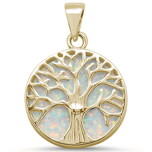 Yellow Gold Plated Round White Opal Tree Of Life Design .925 Sterling Silver Pendant