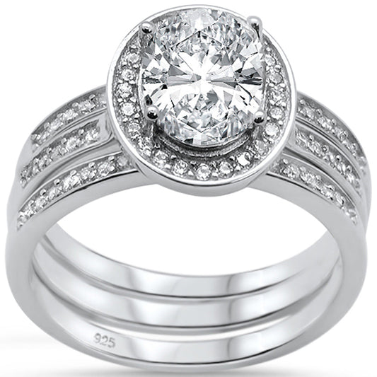 Oval Three Piece Engagement .925 Sterling Silver Bridal Ring Set Sizes 6-8