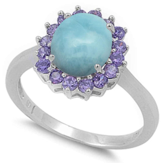 Oval Natural Larimar & Amethyst .925 Sterling Silver Ring Sizes 5