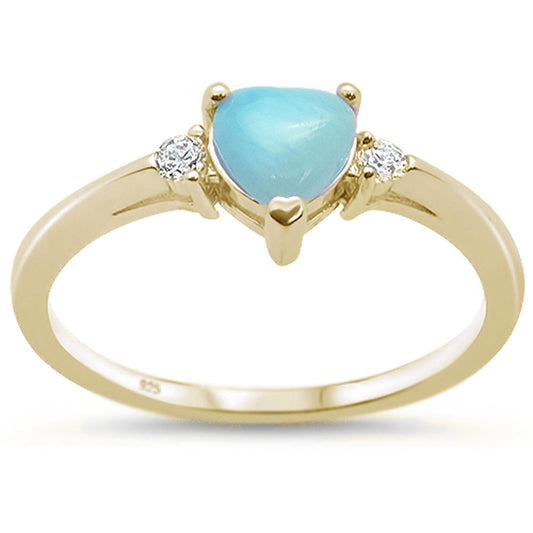 Yellow Gold Plated Natural Larimar Heart & Cubic Zirconia  .925 Sterling Silver Ring Sizes 5-10