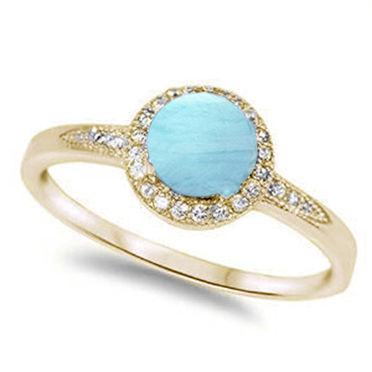 Yellow Gold Plated Halo Natural Larimar & Cubic Zirconia .925 Sterling Silver Ring Sizes 5-10