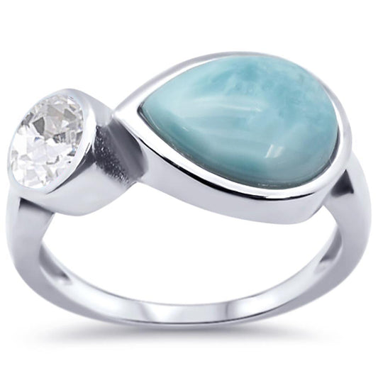 Pear Natural Larimar & Cubic-Zirconia .925 Sterling Silver Ring Sizes 6-7