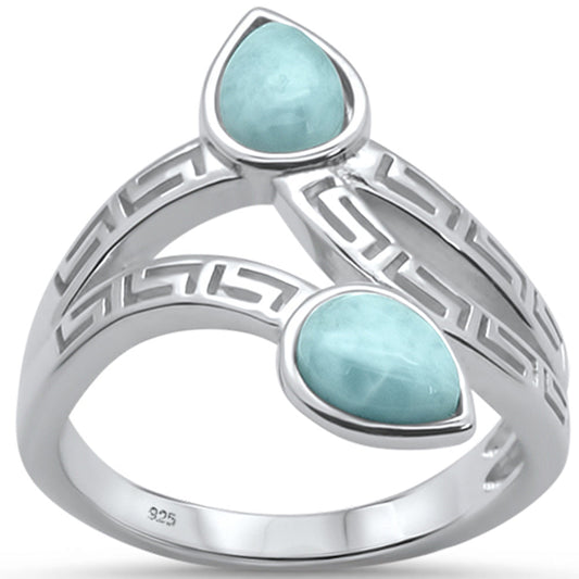 Natural Larimar Greek Key Leaf Design .925 Sterling Silver Ring Sizes 6-8