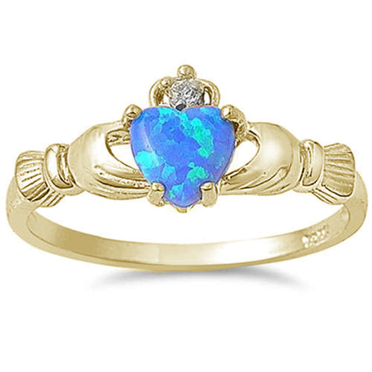 Yellow Gold Plated Blue Opal Claddagh .925 Sterling Silver Ring Sizes 6-8