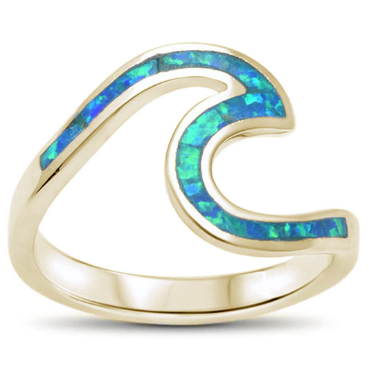 Yellow Gold Plated Wave Ocean Blue Opal .925 Sterling Silver Ring Sizes 6-8