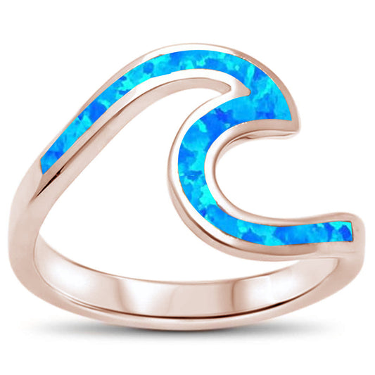 Rose Gold Plated Wave Ocean Beach Blue Opal .925 Sterling Silver Ring Sizes 7-10
