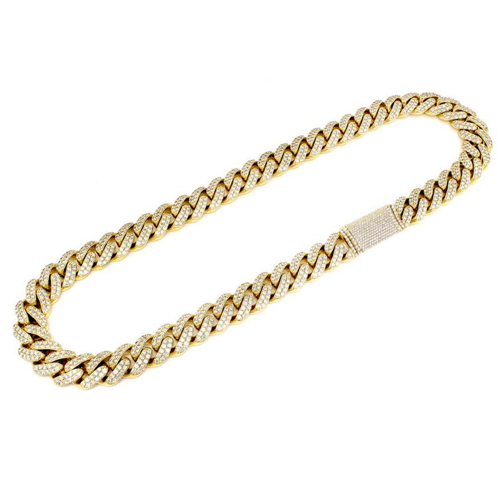 13MM 19.19ct G SI 14K Yellow Gold Diamond Iced Out Round Cuban Link Micro Pave Necklace 22"
