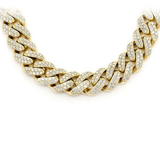 11MM 14.42ct 10KT Yellow Gold Diamond Micro Pave Miami Round Cuban Link Necklace 22"